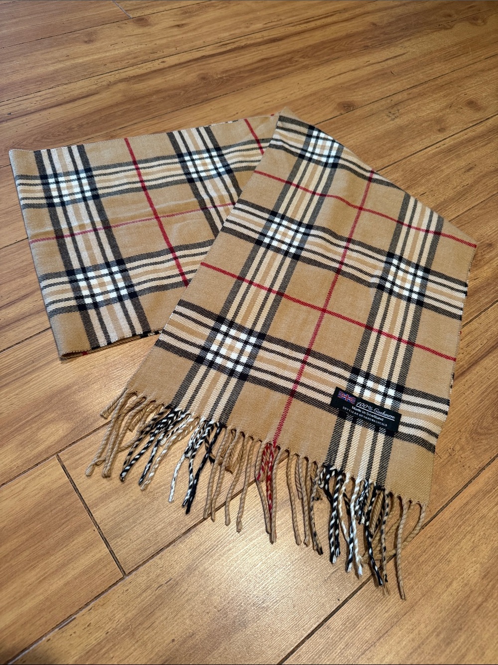 100% Cashmere Scarf Made in Scotland Camel Plaid Fringe Soft 70”